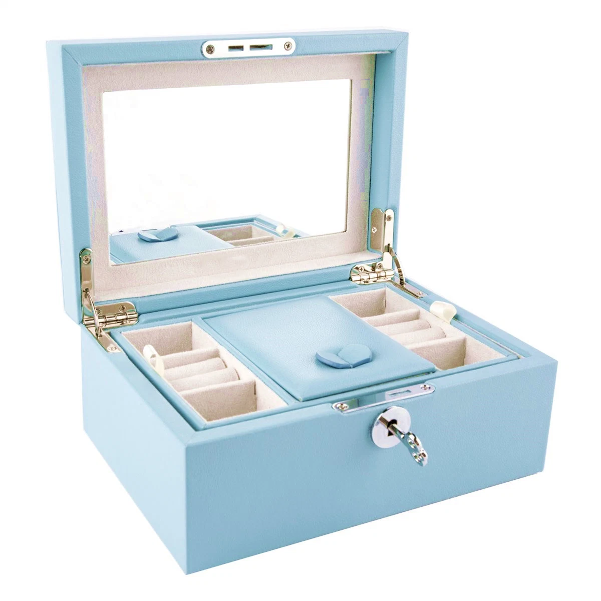 Lockable Leather Jewelry Box with Large Mirror PU Leather Wooden Gift Box