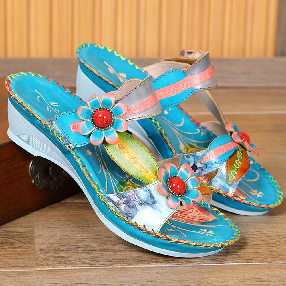 Lady Bohemian Leather Flower Maximalist Gypsy Style 70s Vintage Outdoor Beach Sandals Women Holiday Slippers