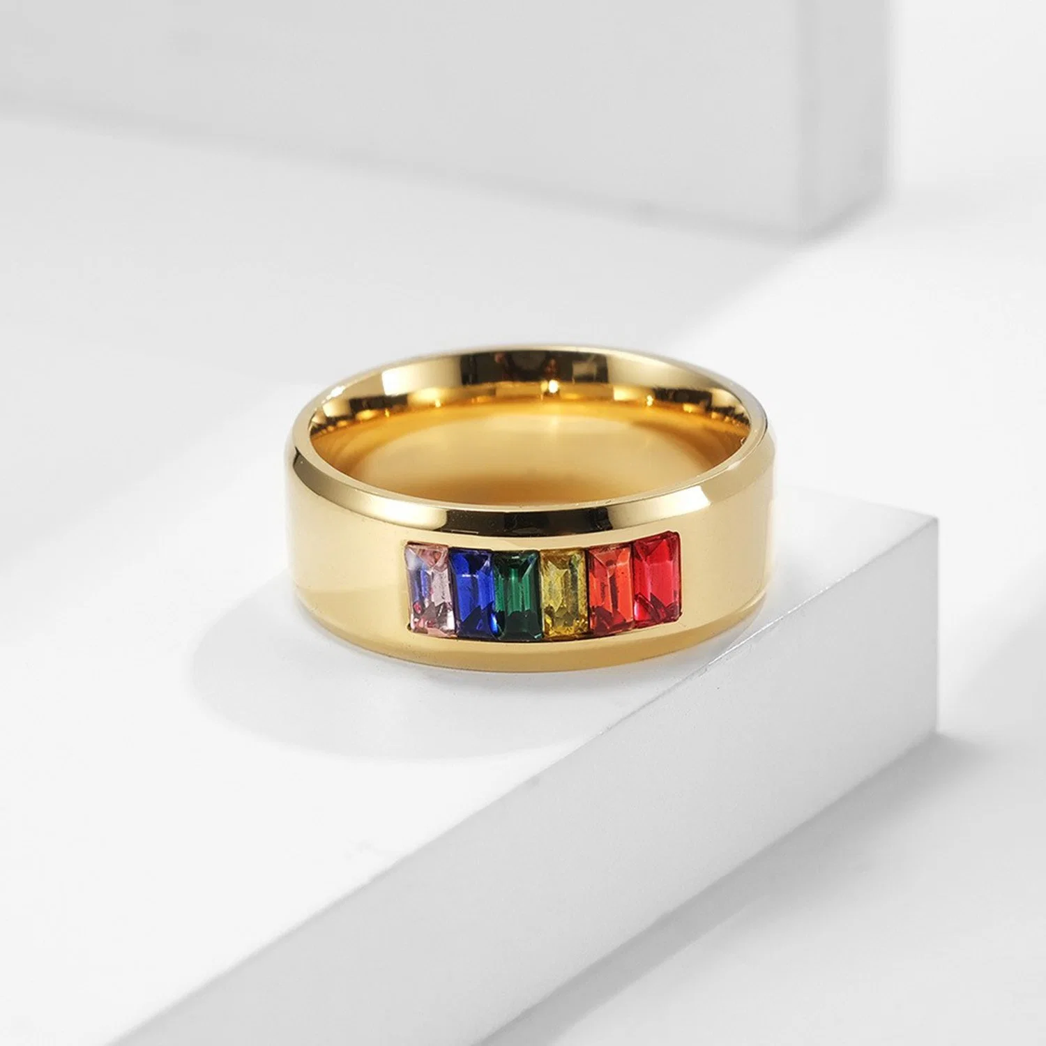 Bisutería anillo de acero de titanio Gay Lala piedras del arco iris La bandera Gay pareja Anillo de la fábrica de joyas RSS de las ventas2073