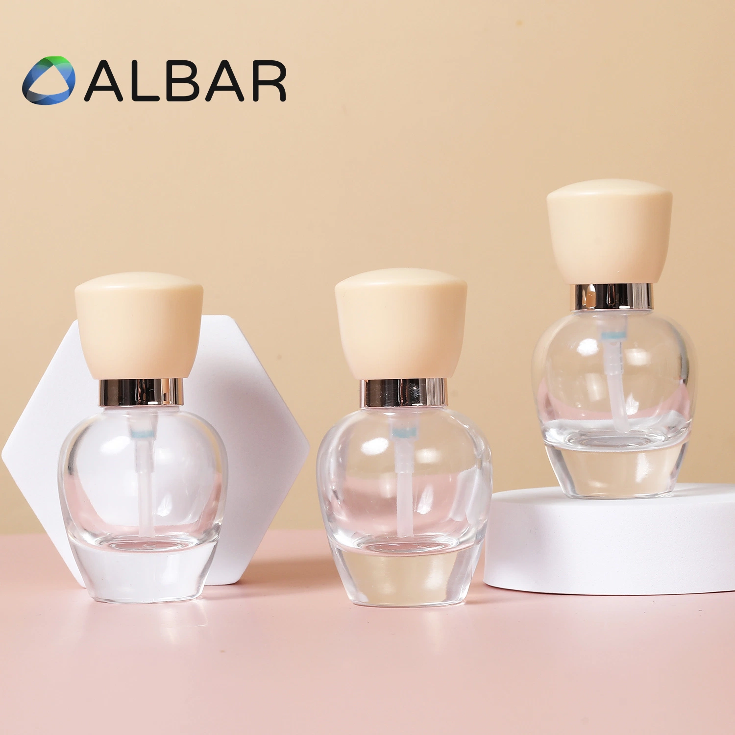 Cosmetic Small Size Short Oval Round Thick Bottom Glass Serum Oil Perfume Bottles with 30ml Press Cap or Glass Dropper in High Purity Clear and Pink Caps