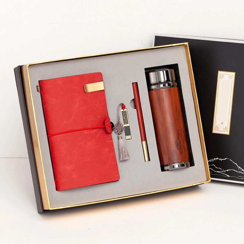 Bamboo Thermos Cup Set Promotional Gift Items Customized Logo 4 in 1 Corporate Gift Set