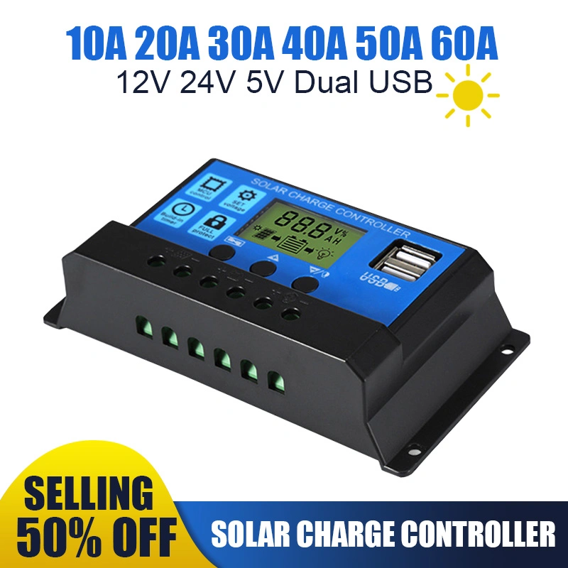 10A/20A/30/40/50/60/100A MPPT Solar Charge Controller with LCD Display 12V/24V Dual USB Auto Solar Cell Panel Charger Regulator with Load