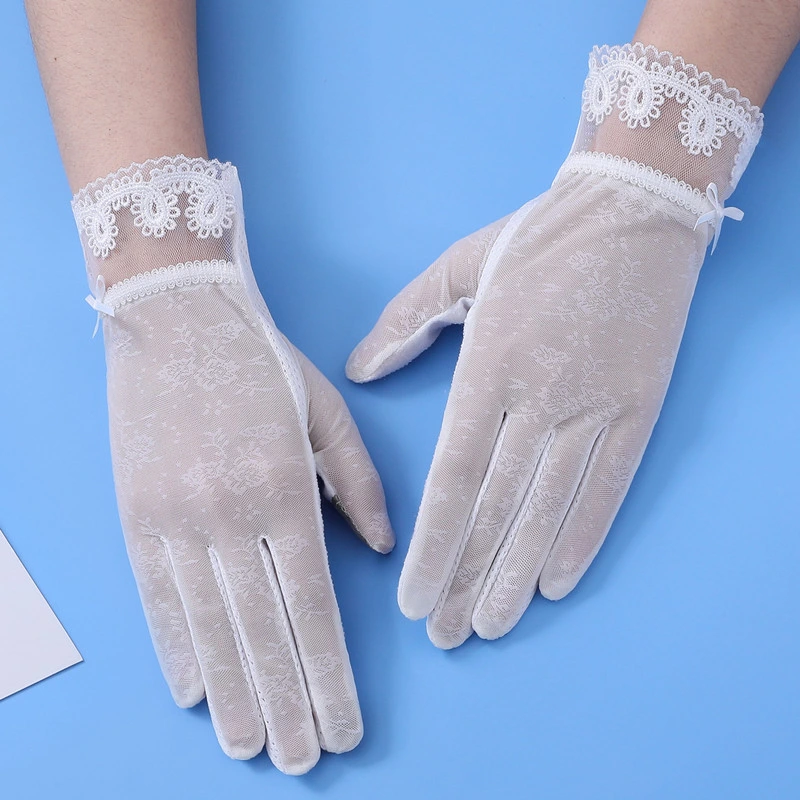 Women's Thin Sunscreen Driving Touch-Screen Ice-Silk Non-Slip Pure White Lace Ceremonial Gloves