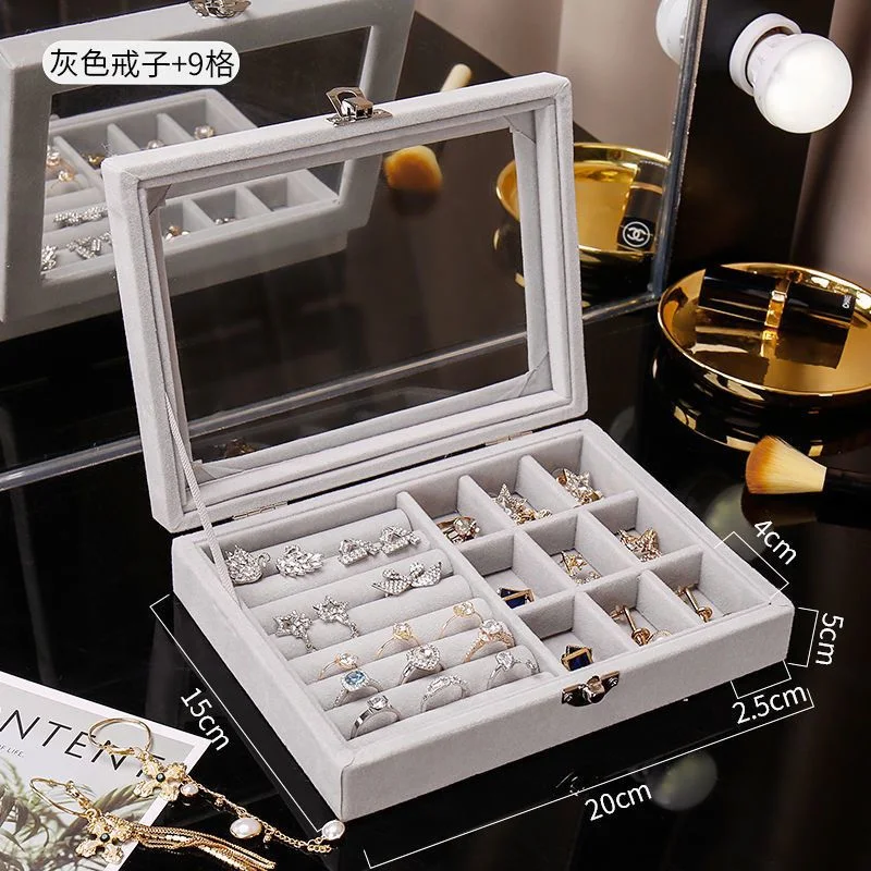 Maletín de transporte de terciopelo con funda de cristal Joyería anillo Display Box Soporte de bandeja de almacenamiento Organizador de caja logotipo personalizado vidrio superior Madera Organizador de joyas Pendientes de terciopelo