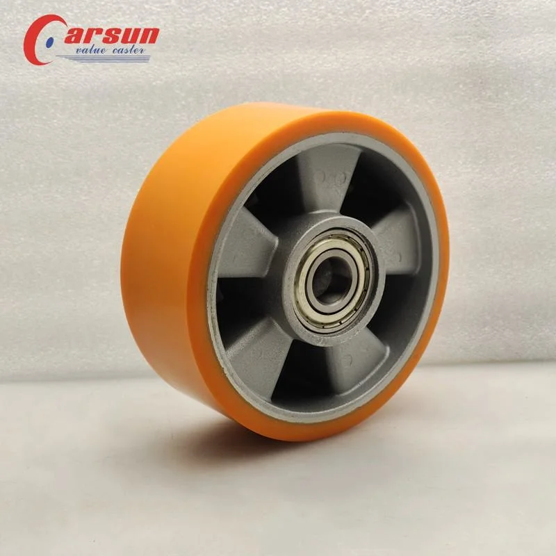 Yellow 5 Inch Double Ball Bearing Wheel Trolley Wheel Aluminium Core PU Industrial Heavy Duty Caster Wheels