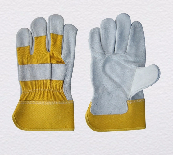 Cow Split Leather Full Palm Yellow Cotton Back Work Glove