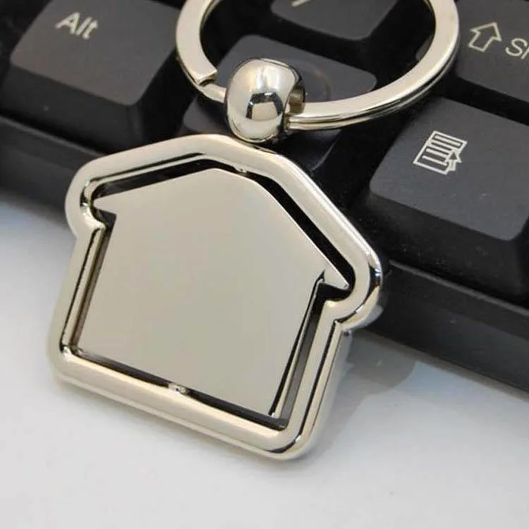 Custom Latest Design Iron Blank Sublimation Aluminium Key Ring Hotel Motel Keychain Blank Metal Real Estate Spinner Metal Keychain Silver House Shaped Keyring