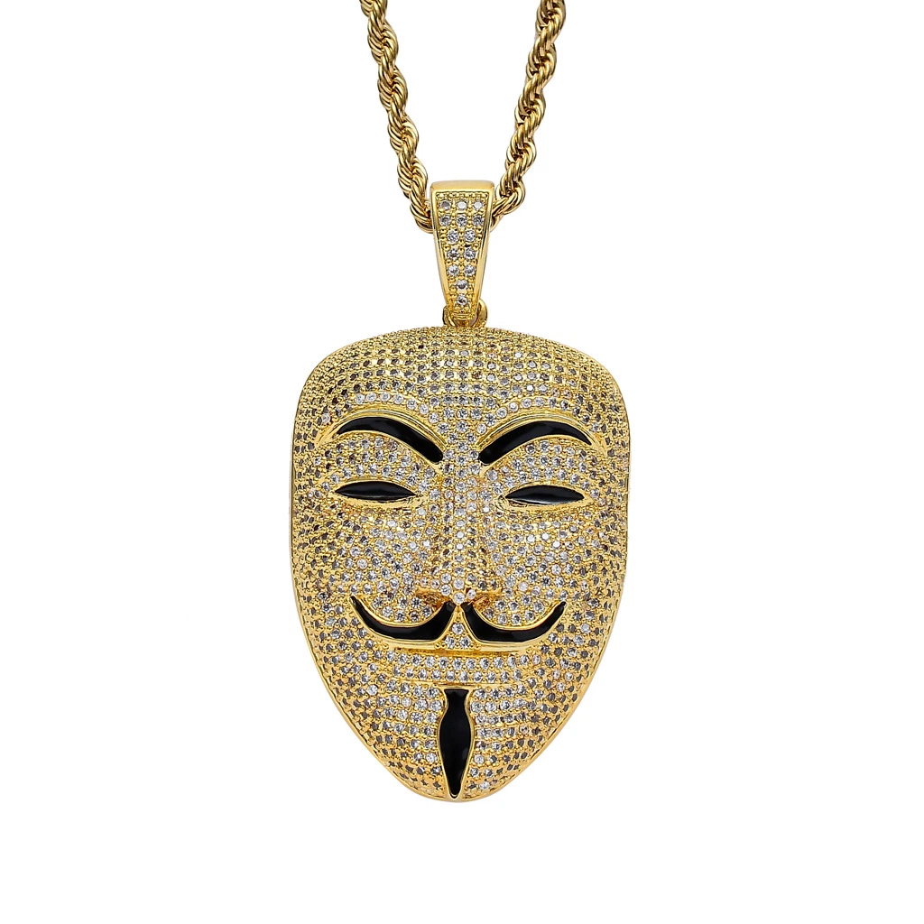 New Ice out Face Pendant Hip Hop Jewellery V for Vendetta Fashion CZ Stone Necklace for Man Women Gift OEM ODM Factory