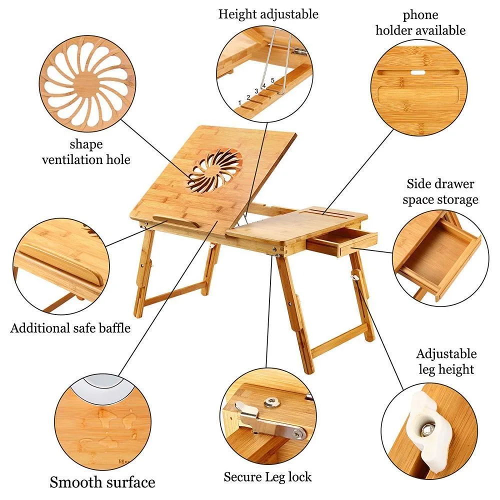 Laptop Desk Nnewvante Table Adjustable 100% Bamboo Foldable Breakfast Serving Bed Tray W' Tilting Top Drawer