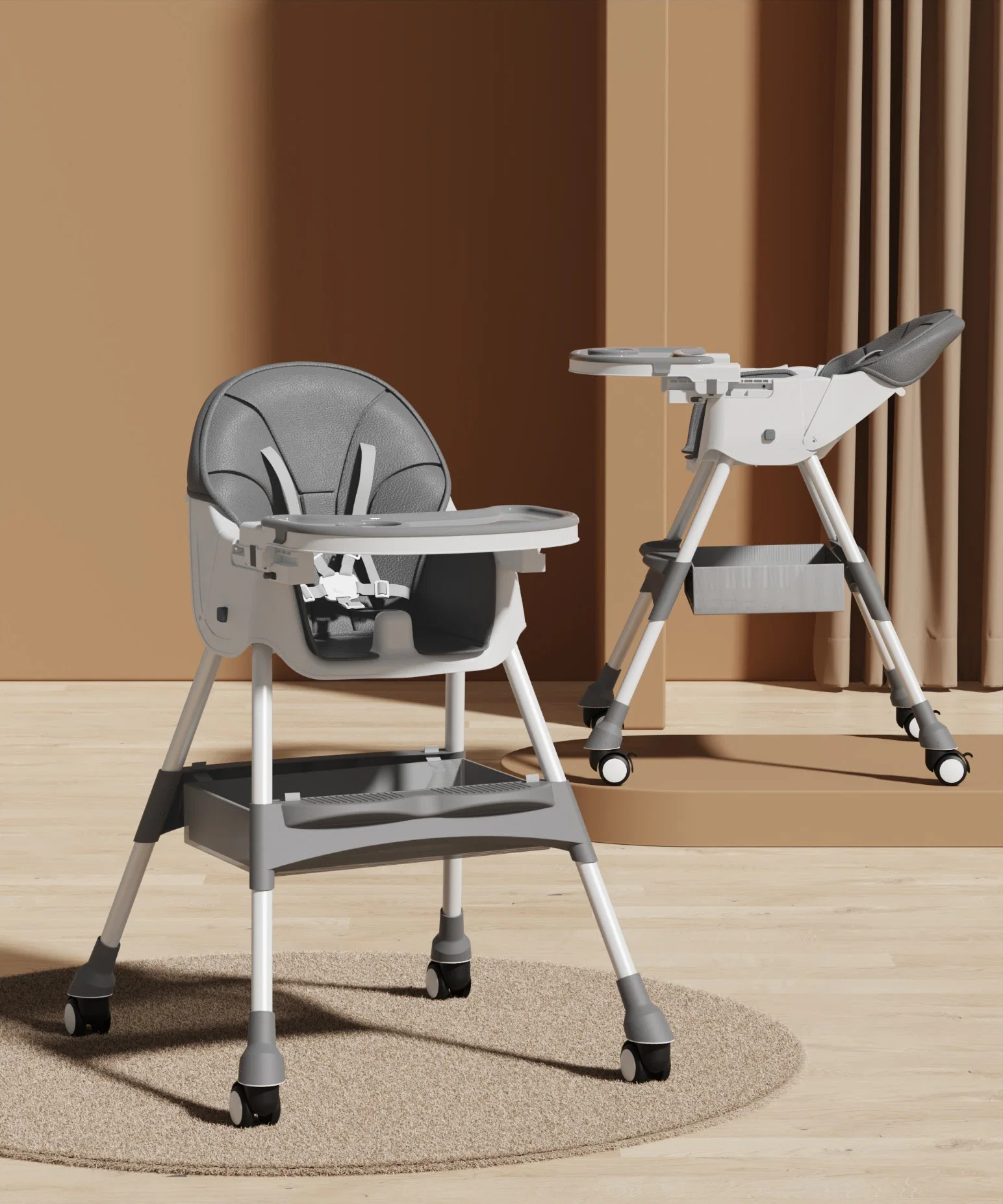 Baby Home Dining Chair/Multi Range Adjustment/PU Cushion/Silent Brake Wheels/Portable Children's Dining Chair