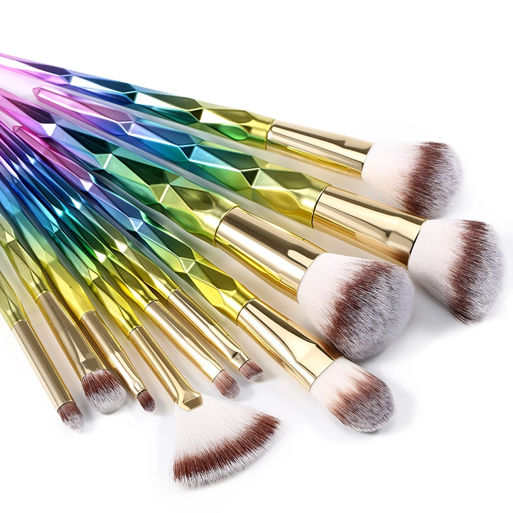 10 Pieces Colorful Diamond Patterned Shaped Handle Makeup Brush Set