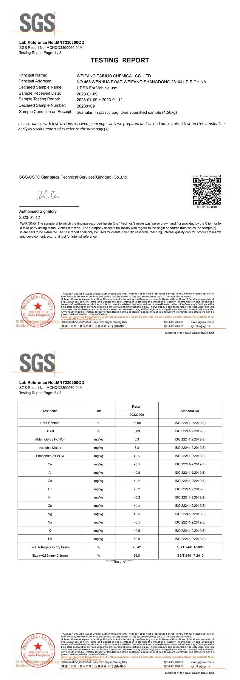 Harnstoff für Adblue/ Def/SCR/Dünger/Industrie/Technische Verwendung mit SGS-Bericht Prillert/Granular