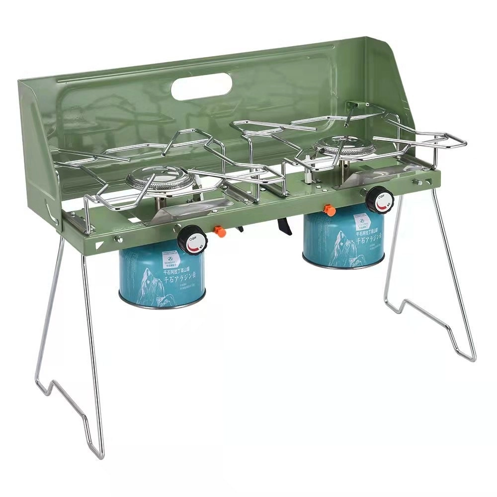 Estufa de gas con quemador doble exterior quemador de camping con brazos plegables Parabrisas para cocinar al aire libre Camping Picnic BBQ Bl23302