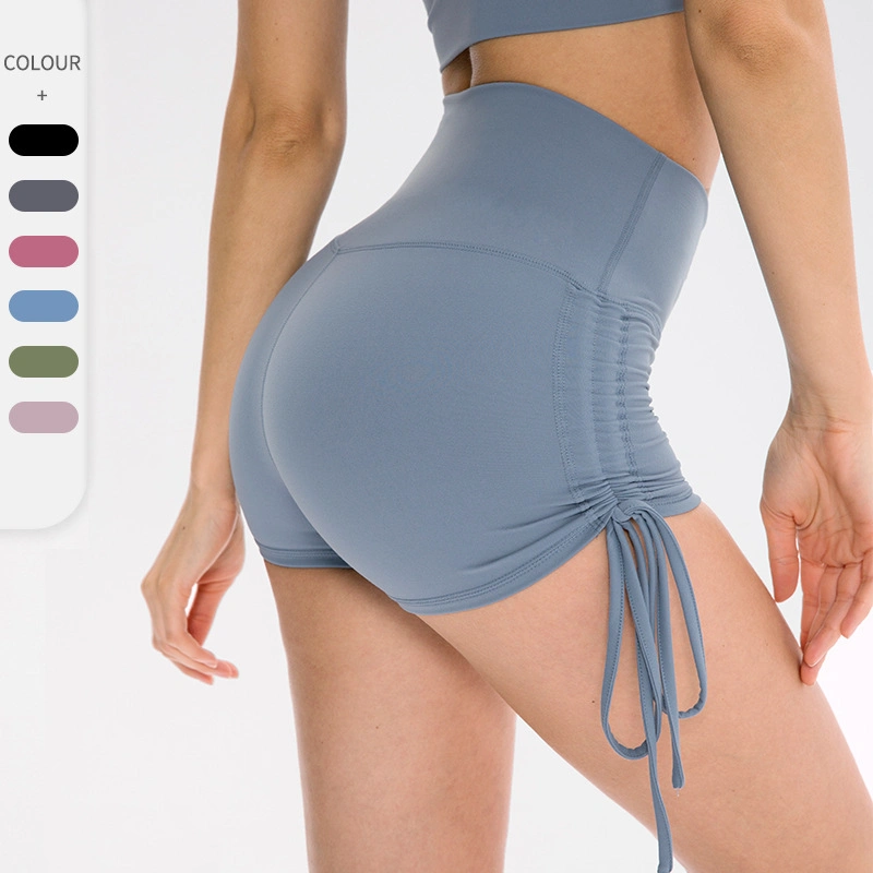 La mujer cintura alta Peach Hip Biker Shorts entrenamiento yoga ejecutando cortos con cordón ajustable