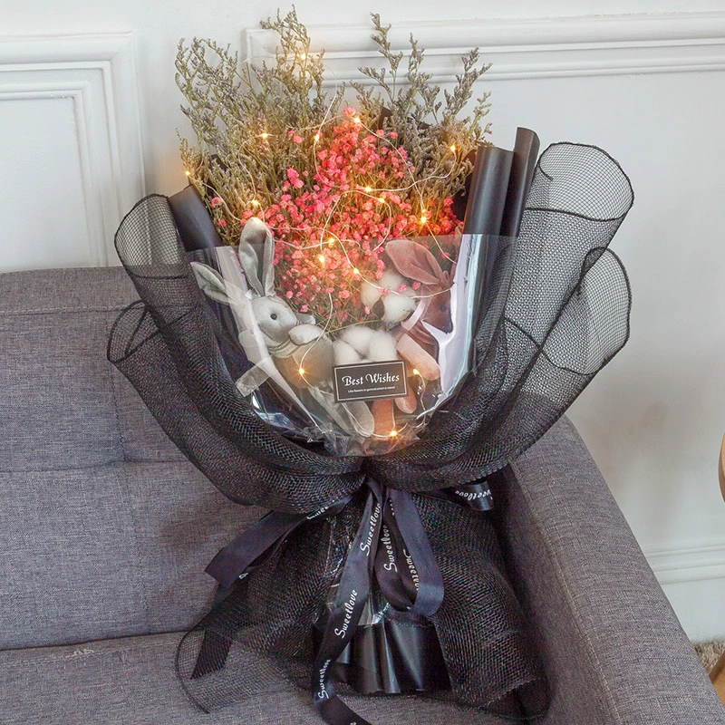 Wishing Rabbit Dry Flower Bouquet with Lights Creative Thanksgiving Christmas Valentine's Day Gift