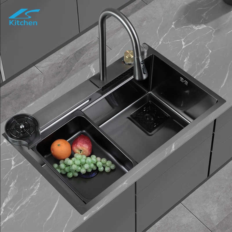 Double Bowl Waterfall Stainless Steel Handmade Kitchen Sink with Faucet