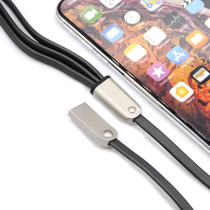 3 in 1 Zinc Alloy Flat USB Charging Cable Mobile Phone Accessories for iPhone Android and Type-C