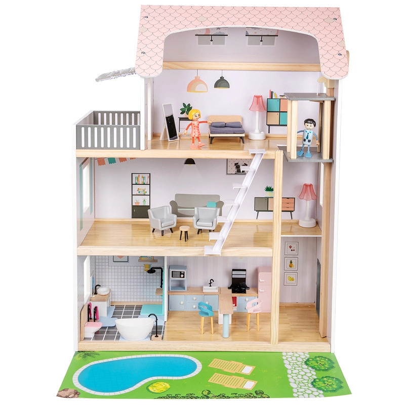 Children Simulation Pretend Wooden Doll House Kids Role Play Toy Three Layer Wooden Villa Baby Educational Wooden Toys