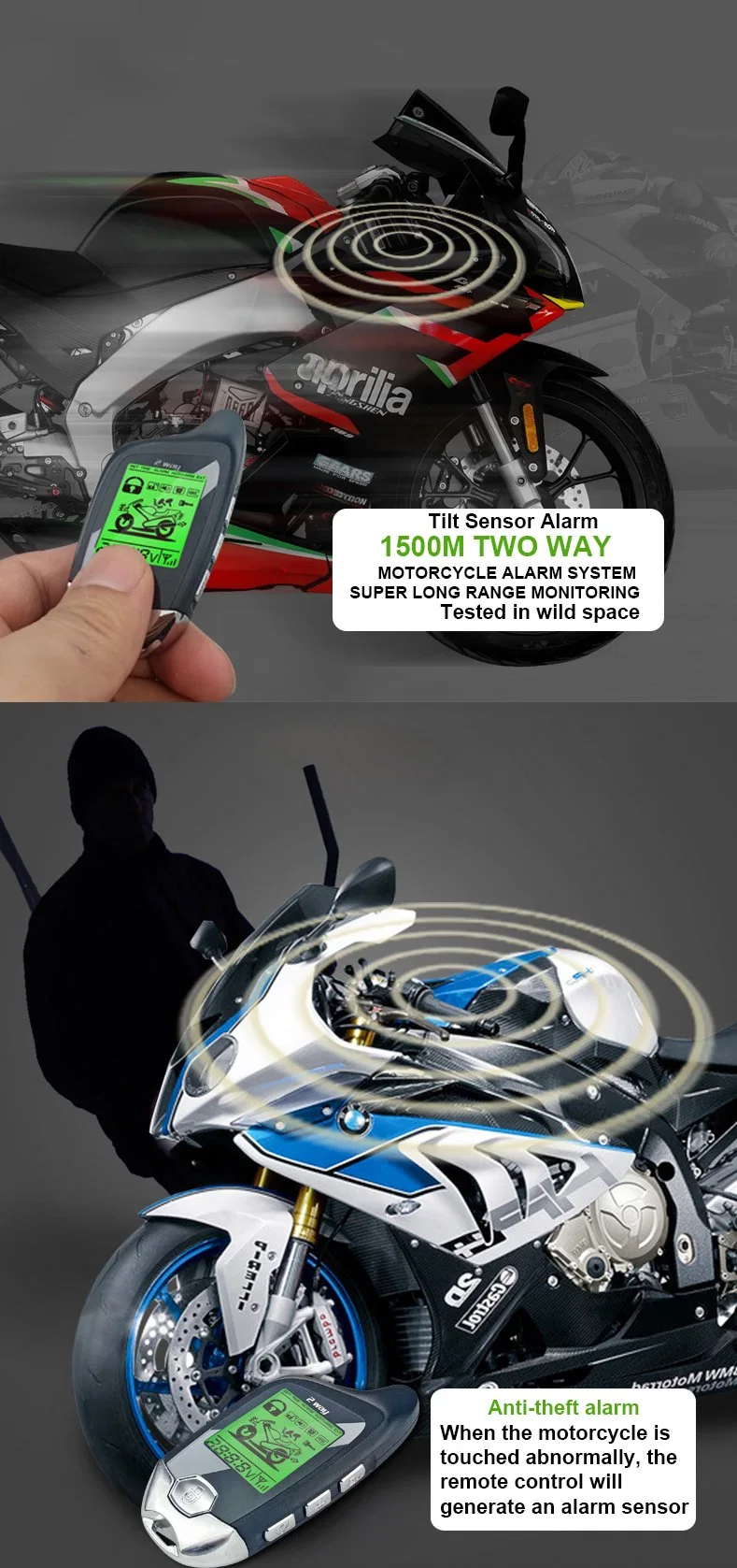 Motorcycle Alarm Security System, Keyless Entry 2-Way LCD Remote Start