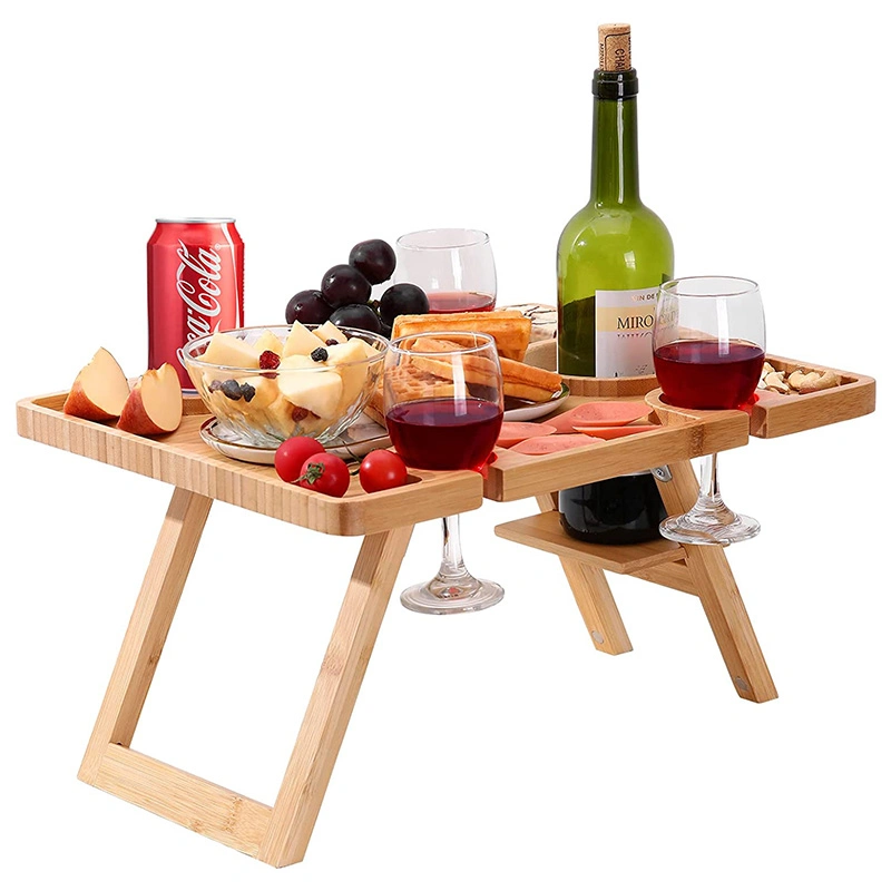 Bamboo Wine Picnic Foldable Table with Bottle and Glass Holder Snack Cheese Tray