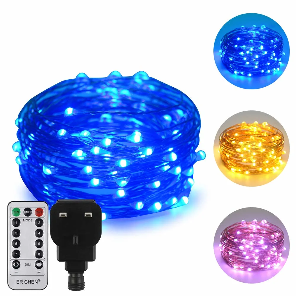 Luzes de seqüência do LED Dual-Color, 33 FT 100 LEDs ligue um fio de cobre 8 Modos de intensidade das luzes de fadas com temporizador remoto