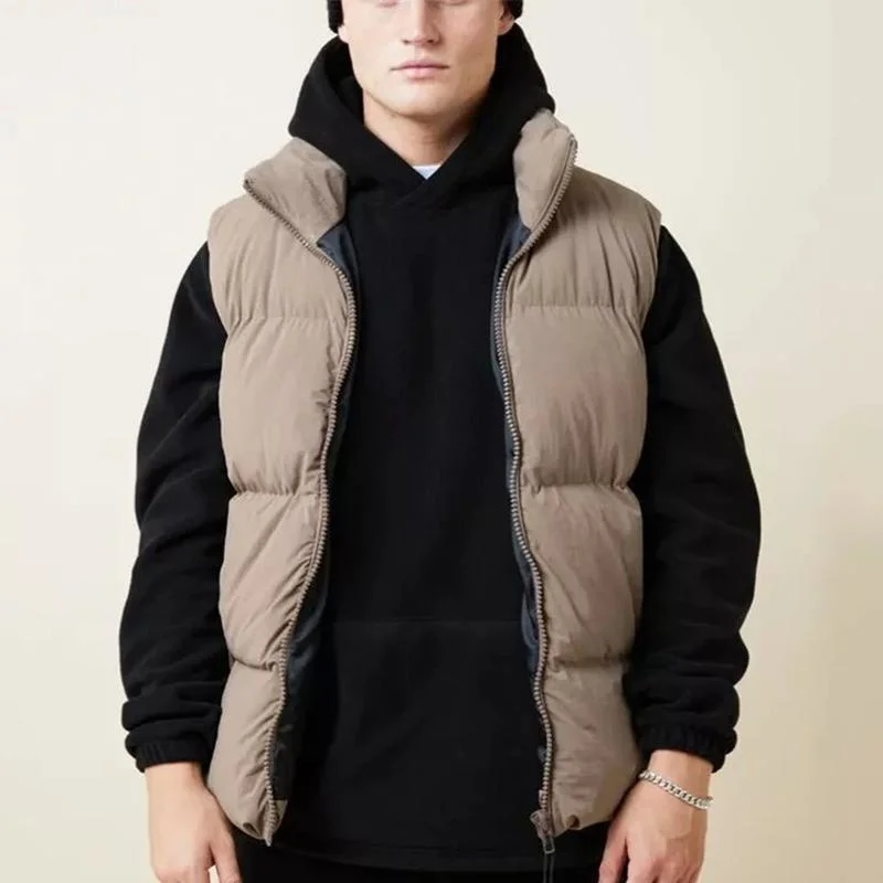 Winter Fashion Men's Stand Collar Polyester Outer Wear with Down Vest Zipper Hidden Pocket Design Men's Vest