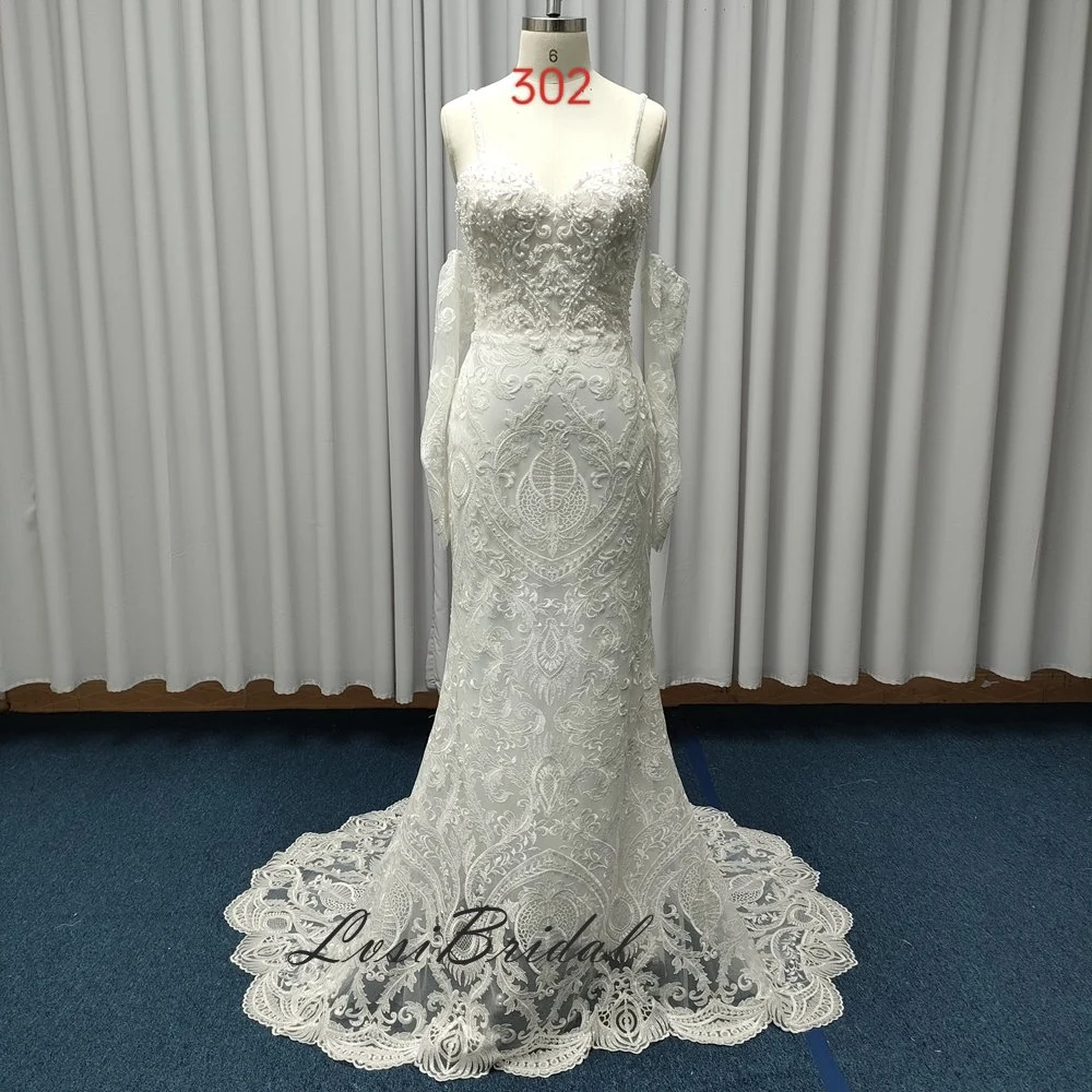 302 Illusion Mieder Spaghettiträger Brautkleid mit abnehmbar lang Ärmel Brautkleid Kleid Schwere Spitze und Perlen Kleid für Europäischer und amerikanischer Stil