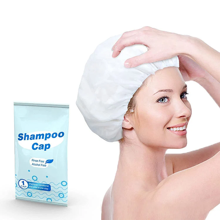 No Rinse Shampoo Cap no-Water Shampoo Shower Cap etiqueta privada Tapón de champú sin enjuague prehumedecido