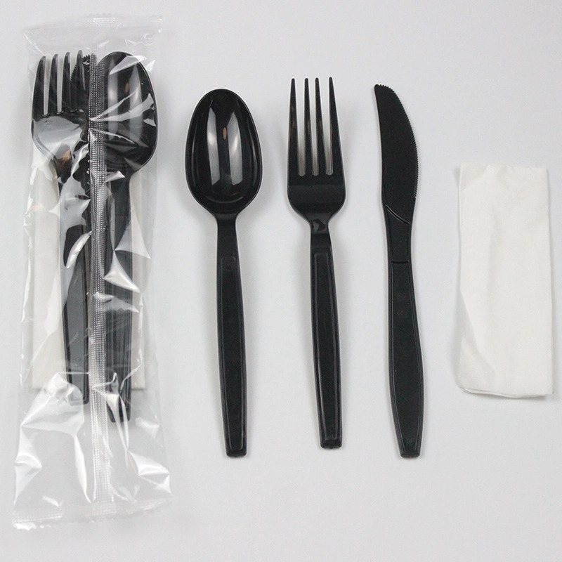 Einweg-Besteck Set aus Kunststoff PS Löffel Gabelmesser schwarz Set Mit Takeaway