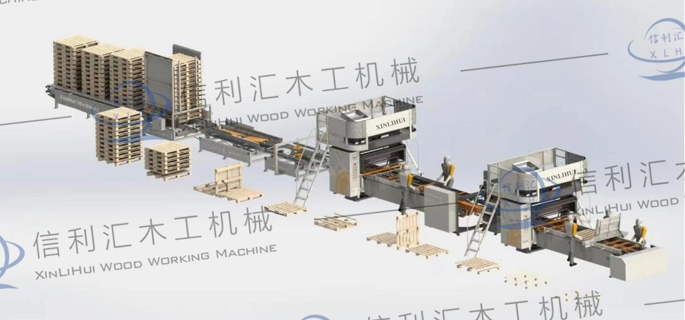 Totalmente automático de palets de madera contrachapada la maquina para fabricar bloques de madera Palletsquare Bloque de pie de la máquina de corte de placa de la tarjeta de estante de bloque de la pila de producción automática de palets de madera