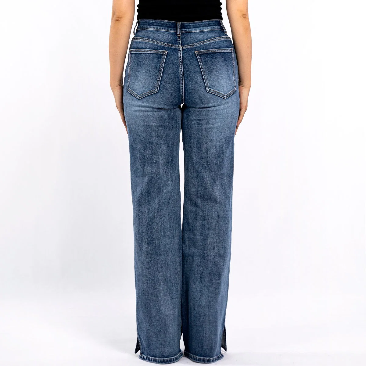 Custom Women Blue Wash Slit - Jeans denim elásticos de pata ancha