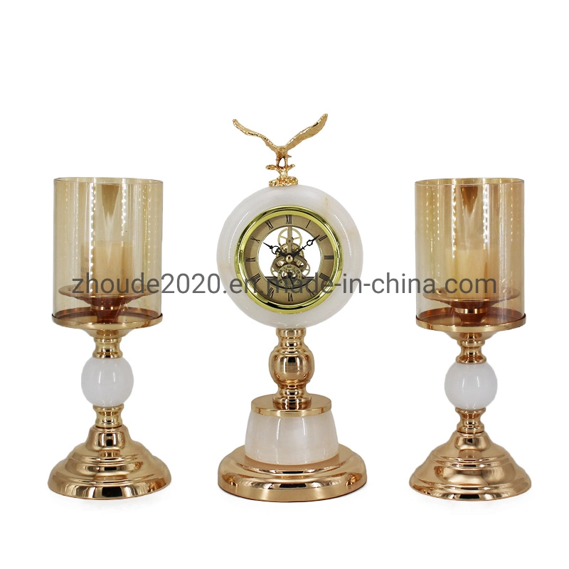 New Design Light Luxury Jade Clock with Metal Eagle Top Ornament Glass Lid Metal Candlesticks for Desktop Decorations