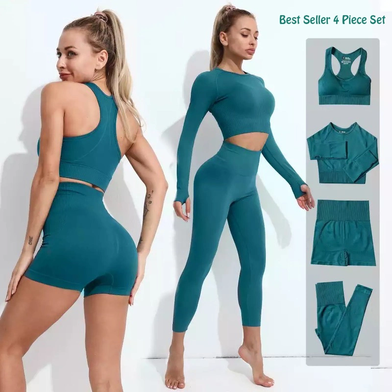 Bestseller Sexy gestrickte Yoga-Outfits Gym Wear für Frauen 4-teilige Sets, nahtlose Workout High Waist Athletic Shorts Leggings und Sport Top Athletic Kleidung
