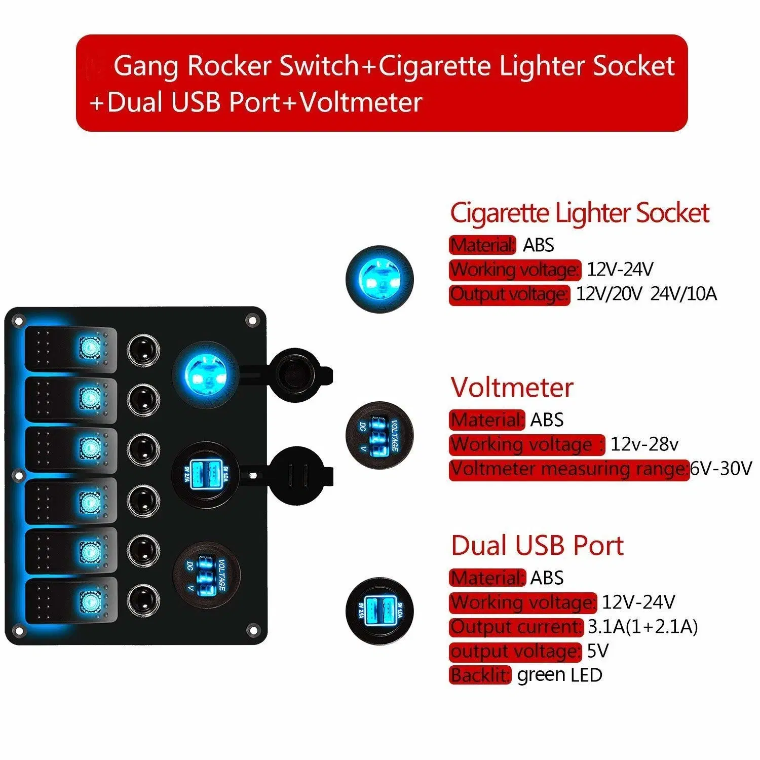 6 Gang Boat Circuit LED Toggle Rocker Switch Panel