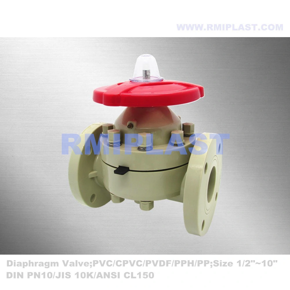 Plastic PP Diaphragm Valve Weir Type Manuel Wheel Handle Flange ANSI ASME Class 150 1/2" 3/4" 1" 1-1/4" 1-1/2" 2" 2-1/2" 3" 4" for Chemical Corrosive Resist