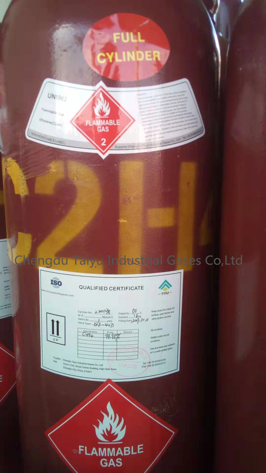 Industrial Grade 99.95% Liquid Ethylene Gas C2h4 Ethylene Gas 16kg Filled in 50L Cylinder