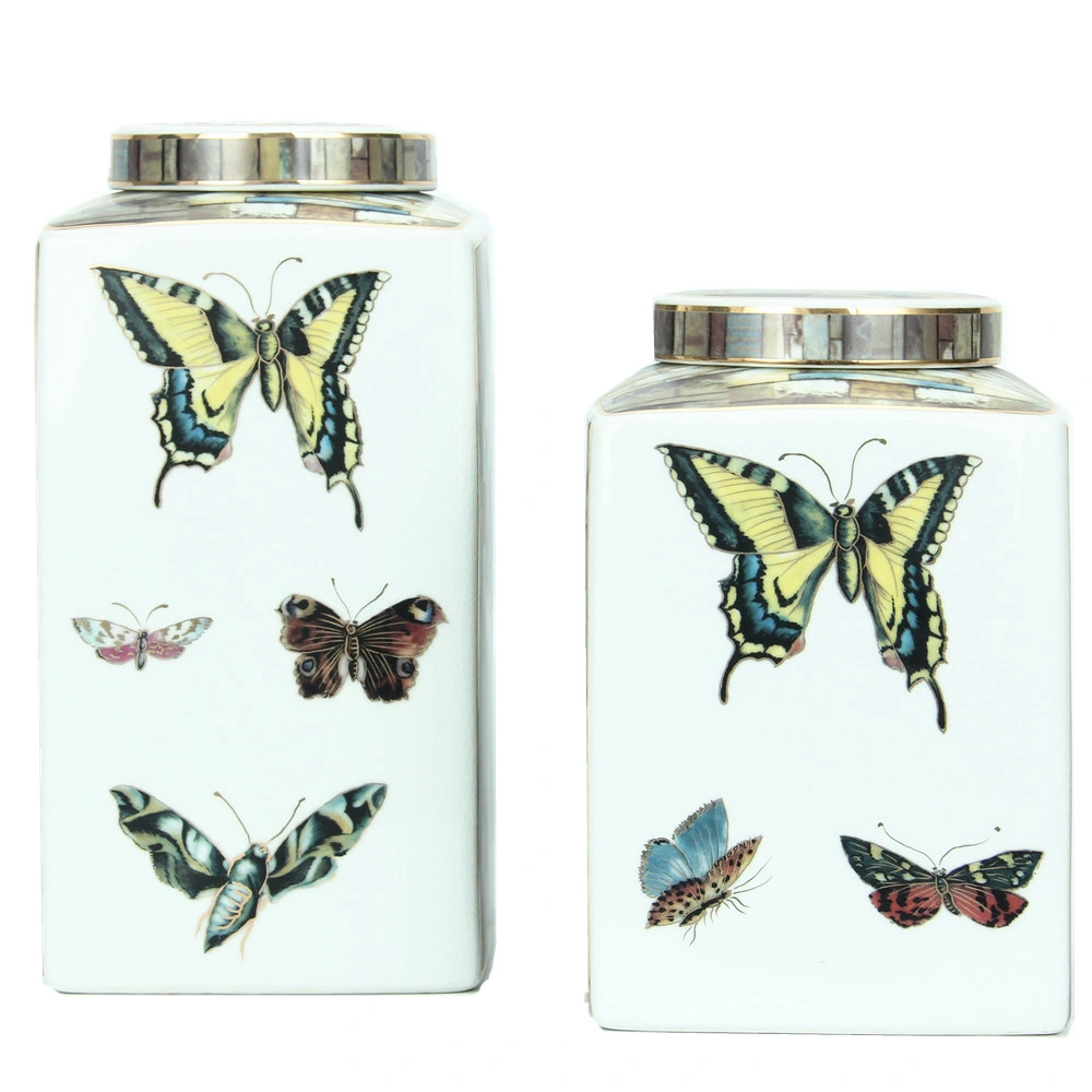 J050 Wholesale Porcelain Spice Container Sets Chinoiserie Home Decor Ceramic Butterflies Pattern Square Jar with Lid