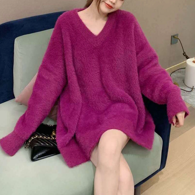 Large Size V-Neck Knitted Imitation Mink Fluffy Clothes Female Autumn and Winter Korean Version Loose Plus Fat Medium Length Leggings Outside to Wear