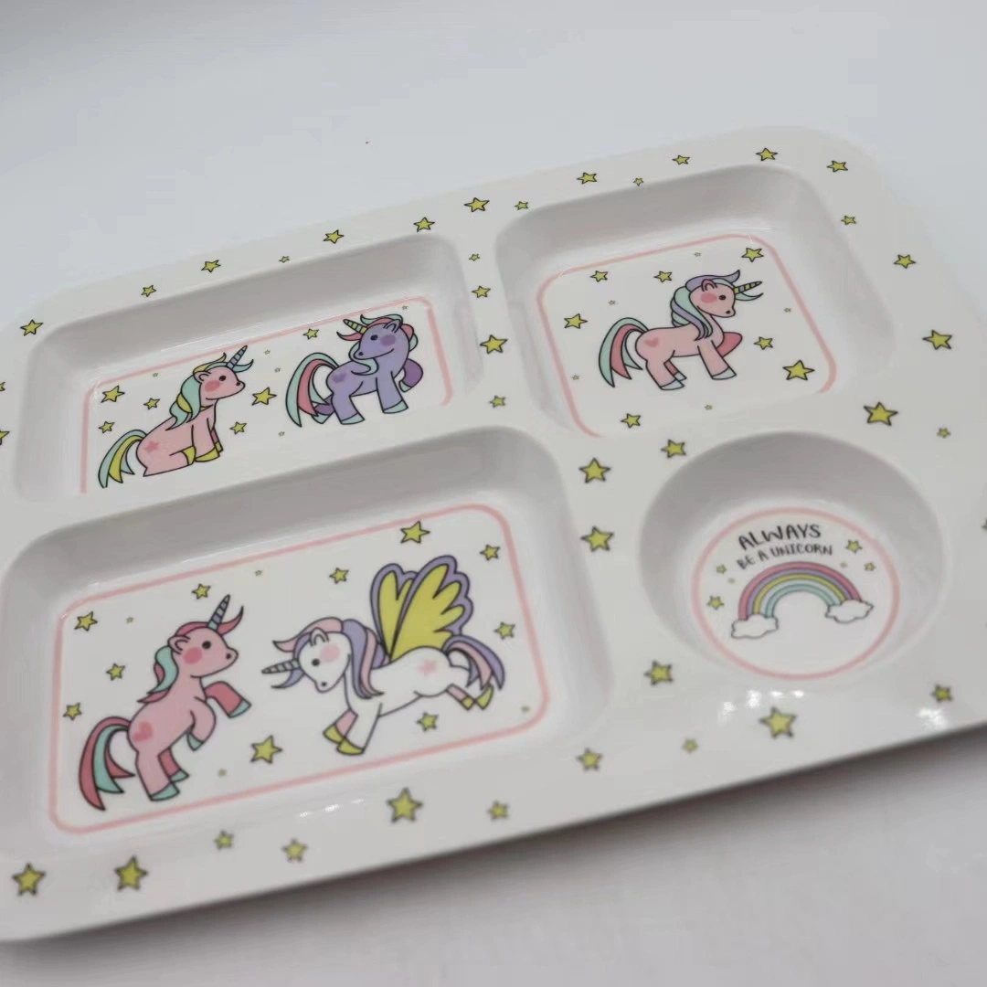 4 Compartments Kids Divided Plate Customized Melamine Dinner Plate for Children