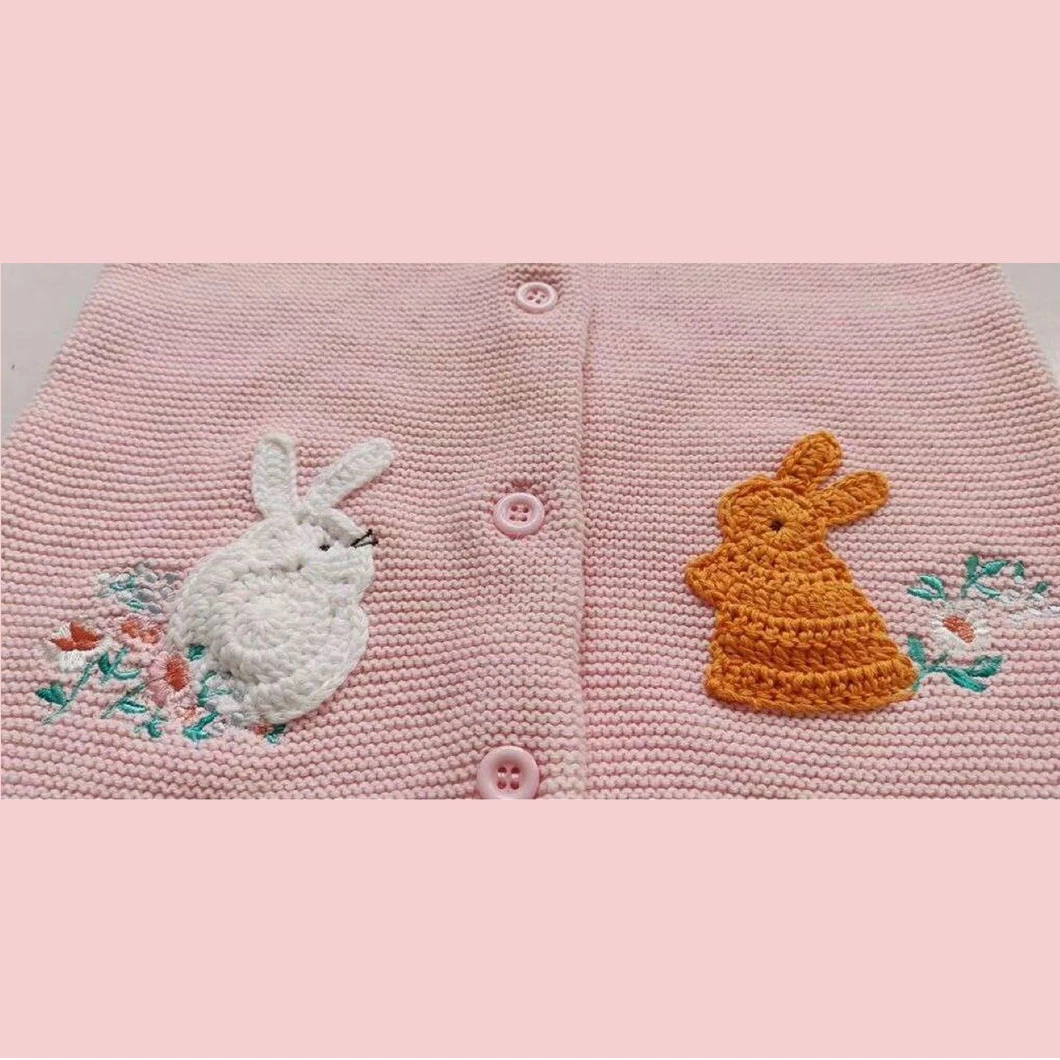 100%Organic Cotton Raglan Children&prime; S Cardigan Rabbit Handmade Sweater