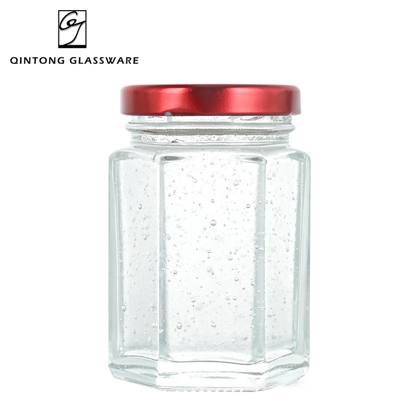 Hot Selling 120ml 4oz Hexagon Classic Glass Honey Jars Bird's Nest Jar with Metal Caps