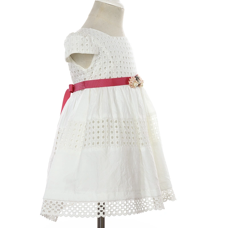 Cap Sleeve Kids Summer Clothing White 100% Cotton Lace Dress with Ribbon Waistline