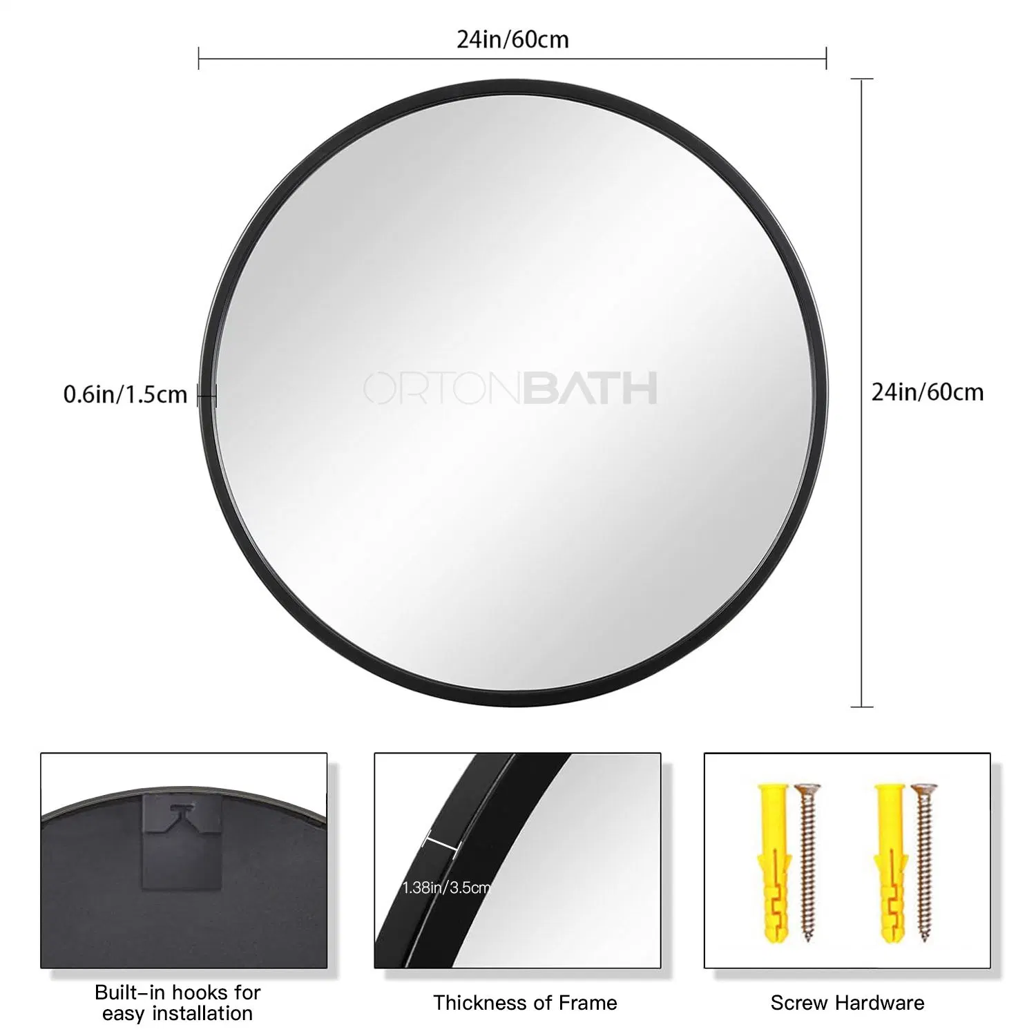 Ortonbath 20 pouces mur suspendu miroir pour salle de bains avec Rond noir métal Framer miroir rond de toilette circulaire pour le bain