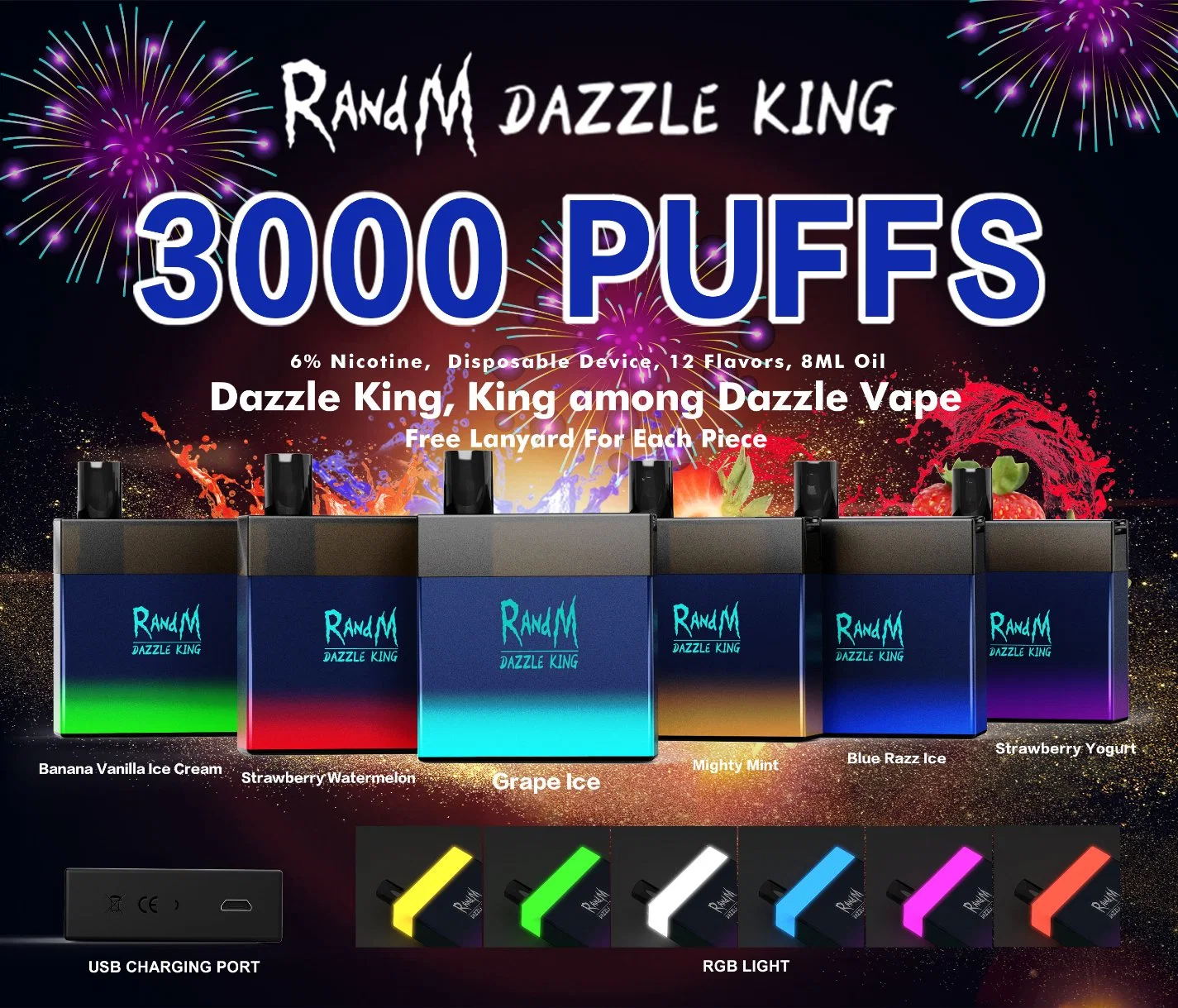 Le R and M Dazzle King produit par l'usine originale a un stylo Vape jetable de 3000 puffs avec des lumières LED clignotantes.