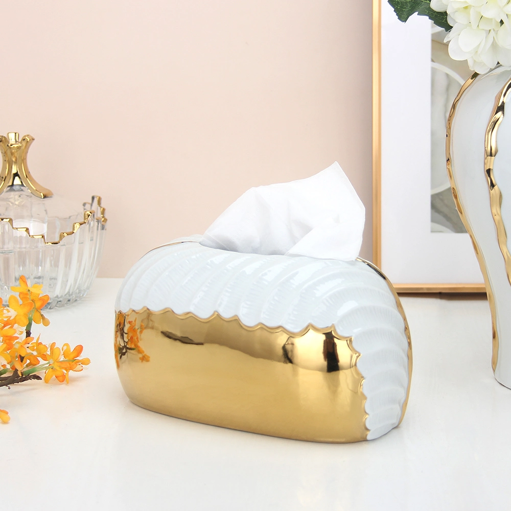 T019 Hot Sell Ceramic Gold and White Tissue Box Home Decor Luxury Porcelain Decorative Facial Paper Box Tissue Holder