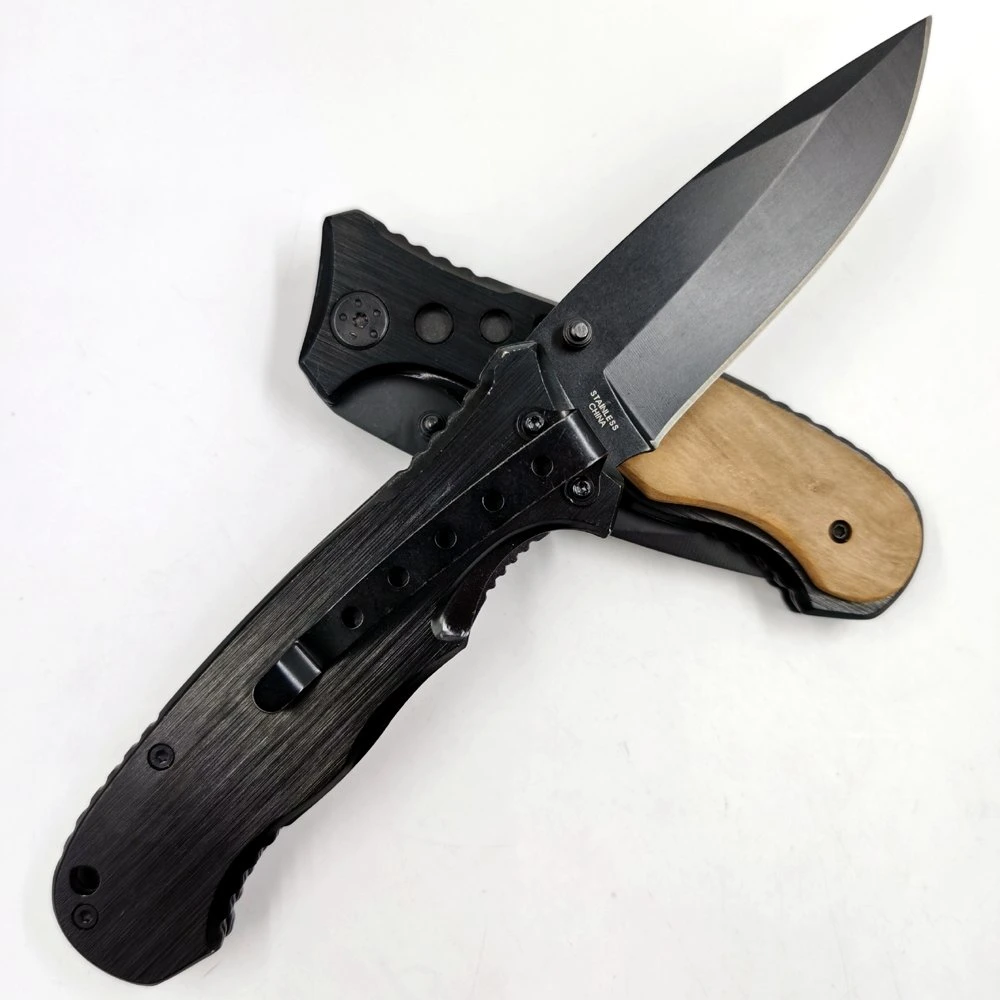 Pk-432bk The Best Sales Black Coating Blade Anodized Handle Decorated Olive Wood Folding Pocket Knife