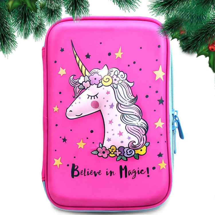 Hot Pink Unicorn 3D Hardcover PU Leather Cover Hard Shell EVA Pen Pencil Collective Case Box for Girls