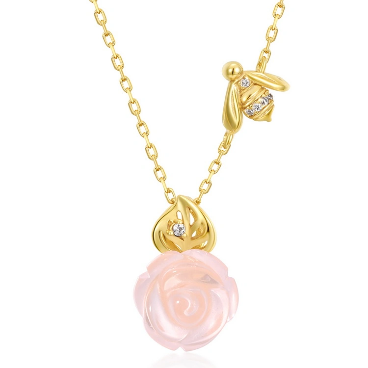 New Arrival S925 Silver Bee Flower Necklace Valentine's Day Gift Natural Pink Crystal Pendant Necklace