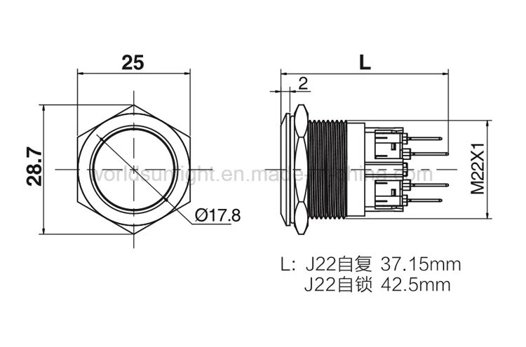 22mm Latching Button 6pin Terminal Locking Power Waterproof Push Button Switch with Illumination