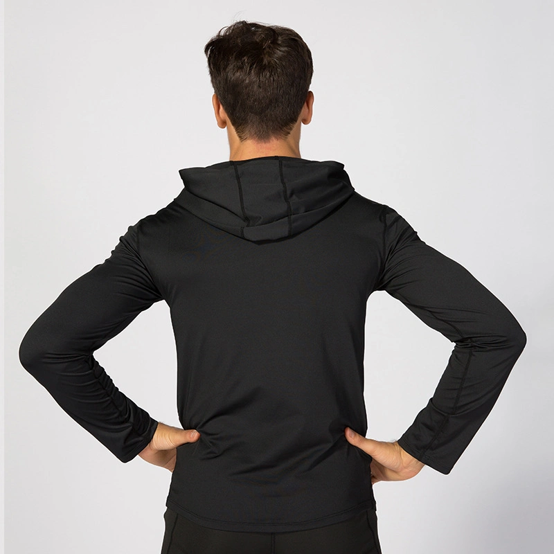 Running Fitness Gym Exercise Men&prime; S Zipper up Sports Clothing Black Hooded Shirt Jersey Sportswear